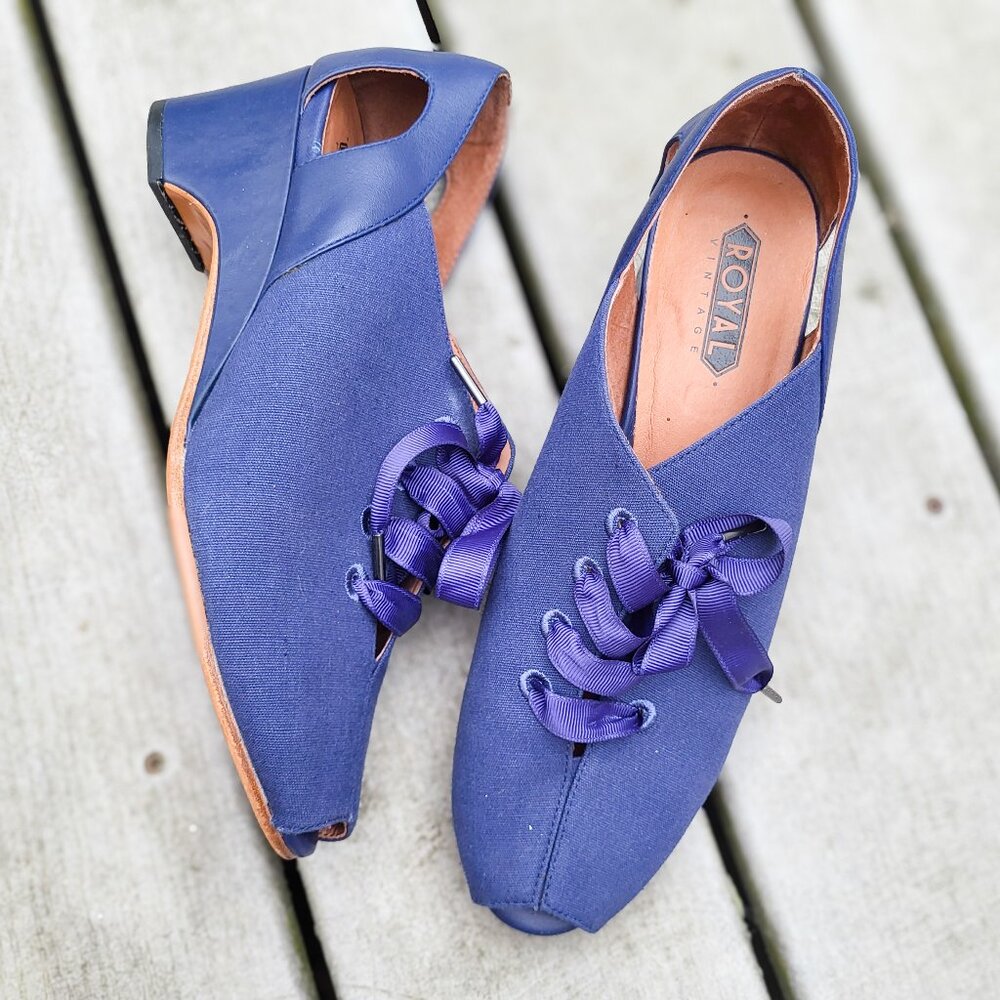 1940s Leather  & Canvas Wedges Royal Vintage Daphne Size 10 / 9 1/2